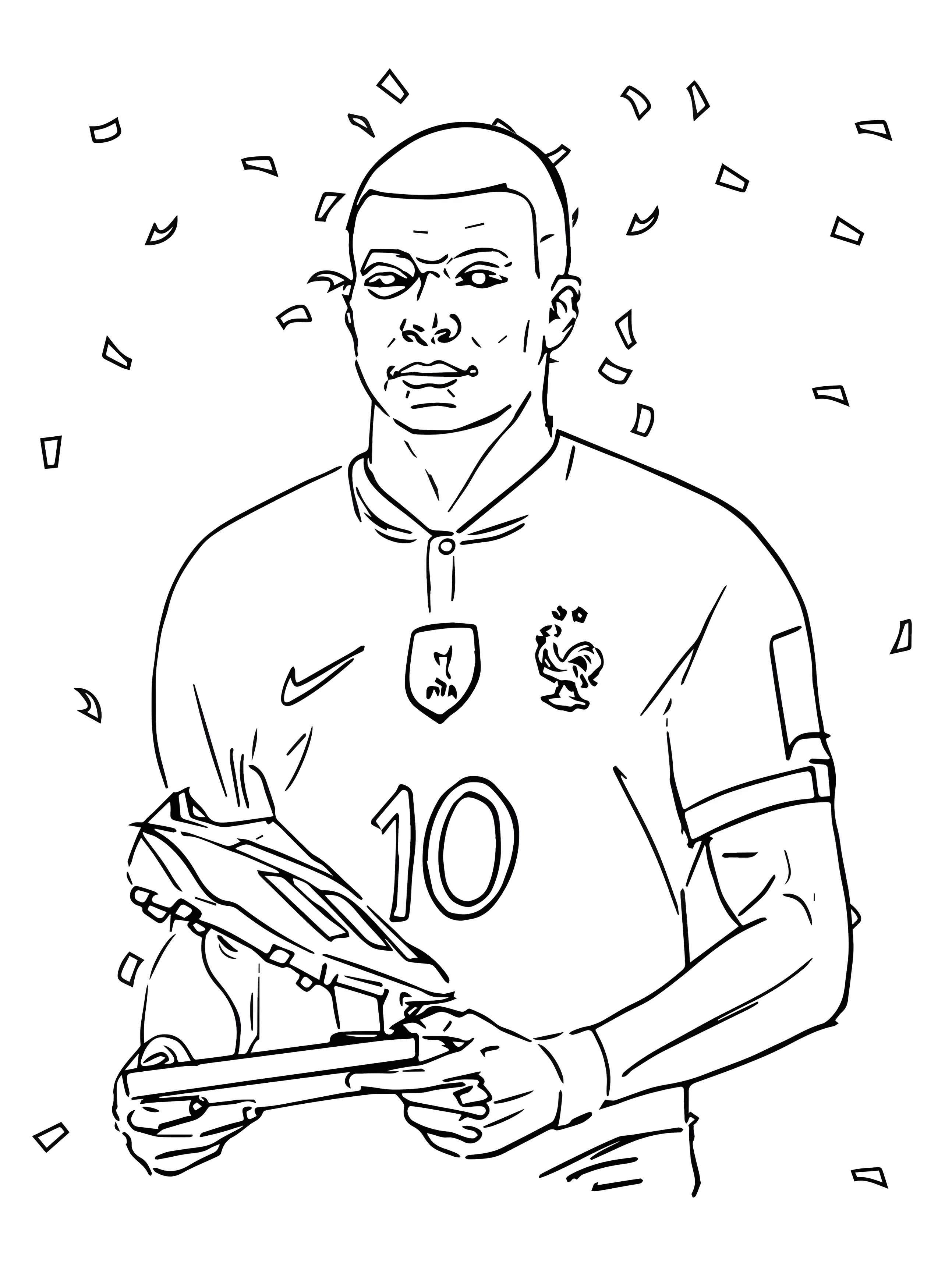 Kylian Mbappé trzyma trofeum w kształcie piłkarskiego buta, w koszulce Francji z numerem 10, wśród konfetti — kolorowanka.
