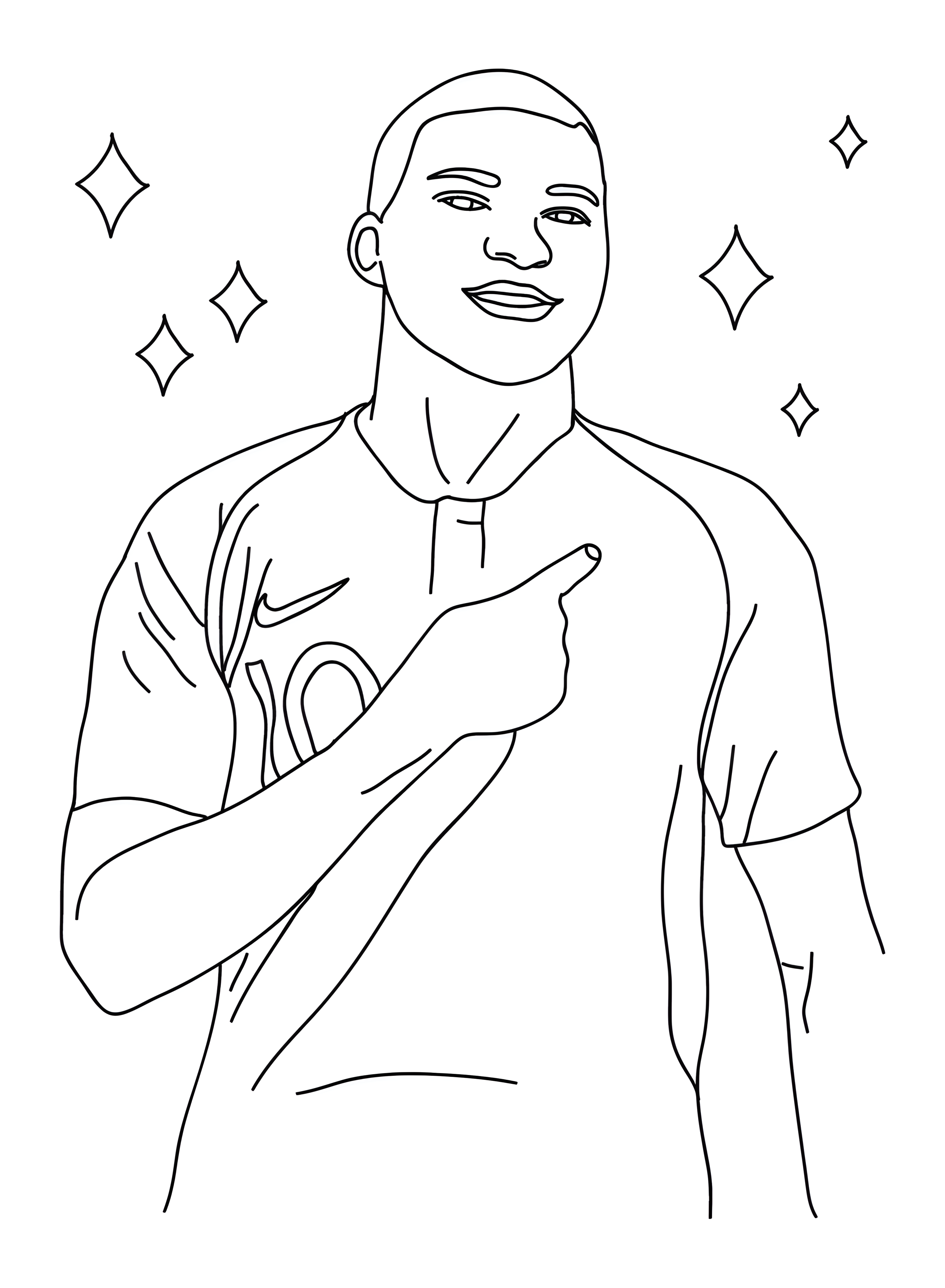Kylian Mbappé w koszulce, z uniesioną ręką i palcem wskazującym w bok — kolorowanka piłkarska