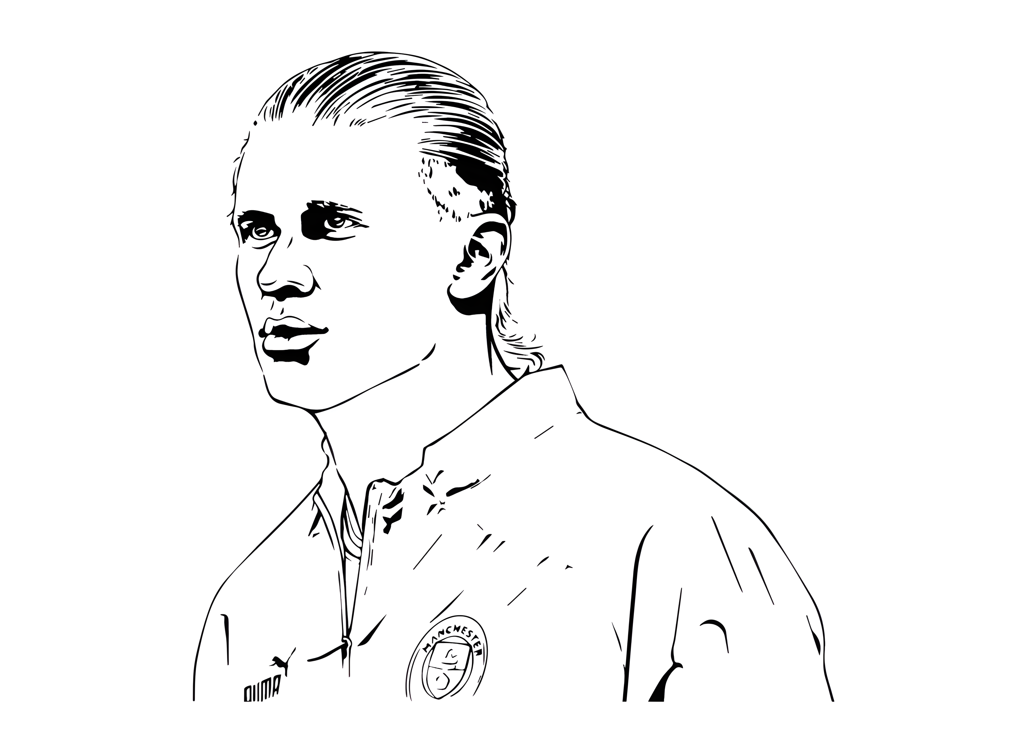 Czarno-biały portret Erlinga Haalanda w koszulce Manchesteru City, ilustracja piłkarska do kolorowania.