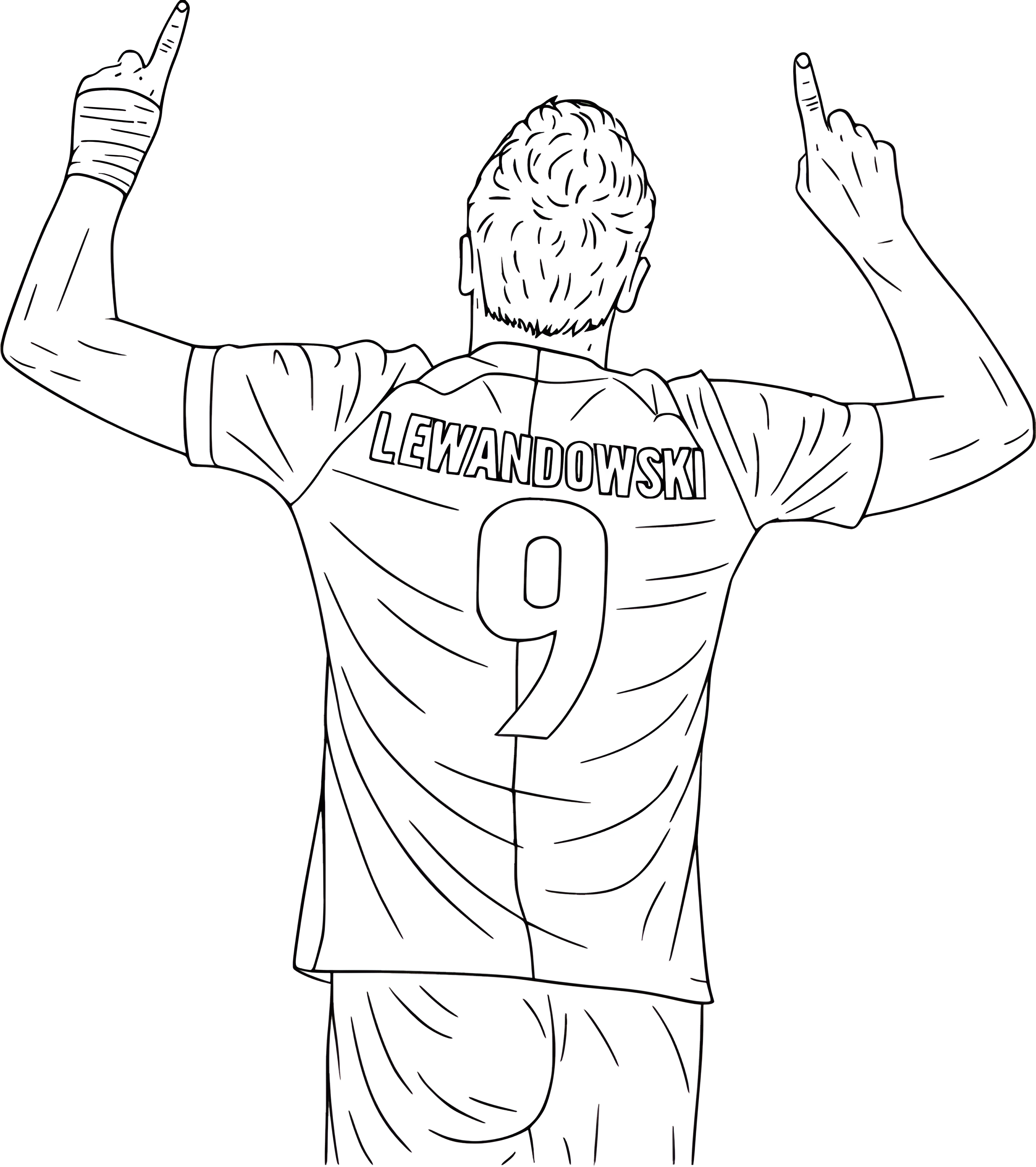 Robert Lewandowski widziany od tyłu, z uniesionymi rękami i palcami wskazującymi niebo, w piłkarskiej kolorowance.