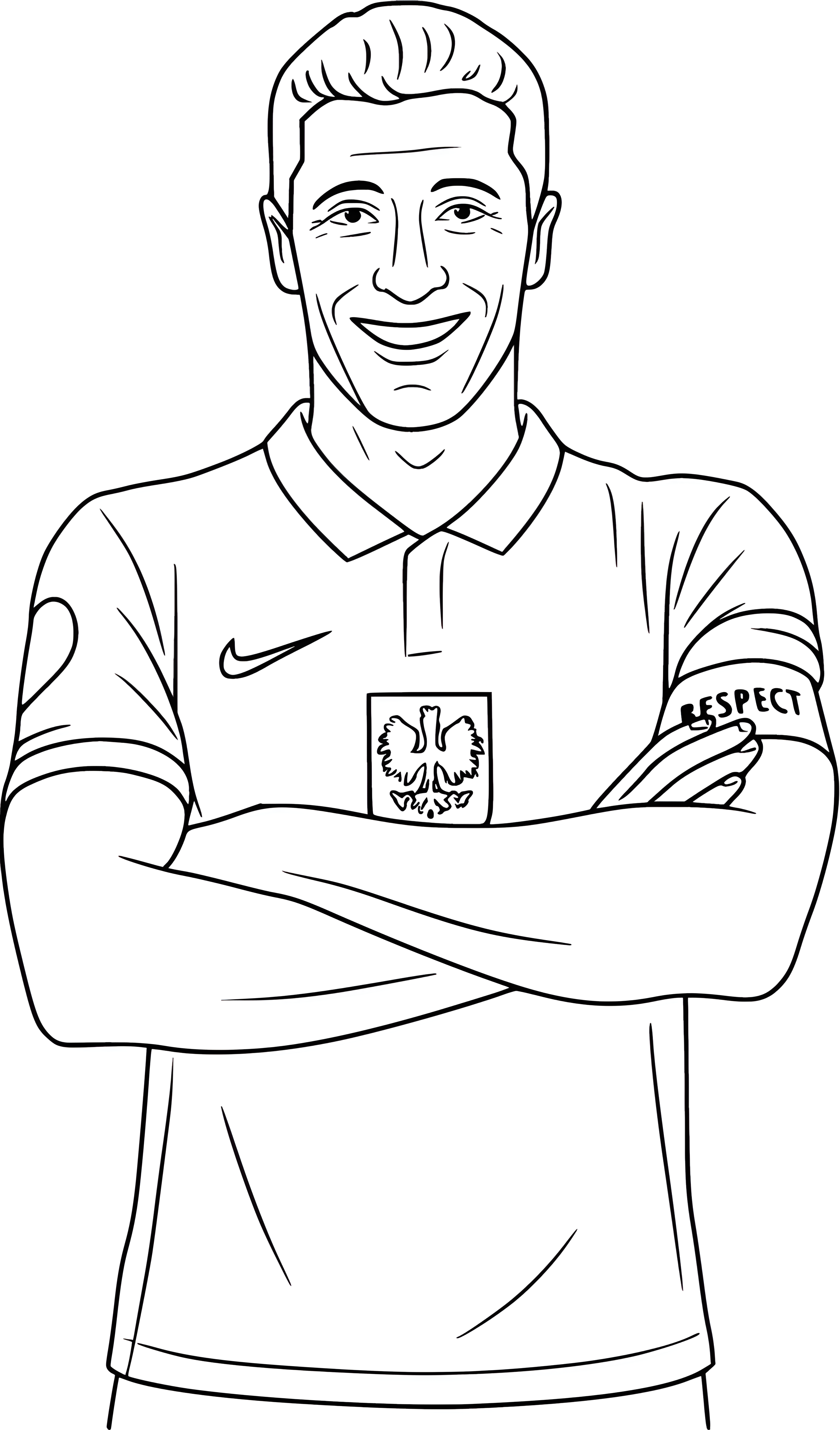 Robert Lewandowski z założonymi rękami w koszulce reprezentacji Polski, kolorowanka piłkarska z opaską „RESPECT”.